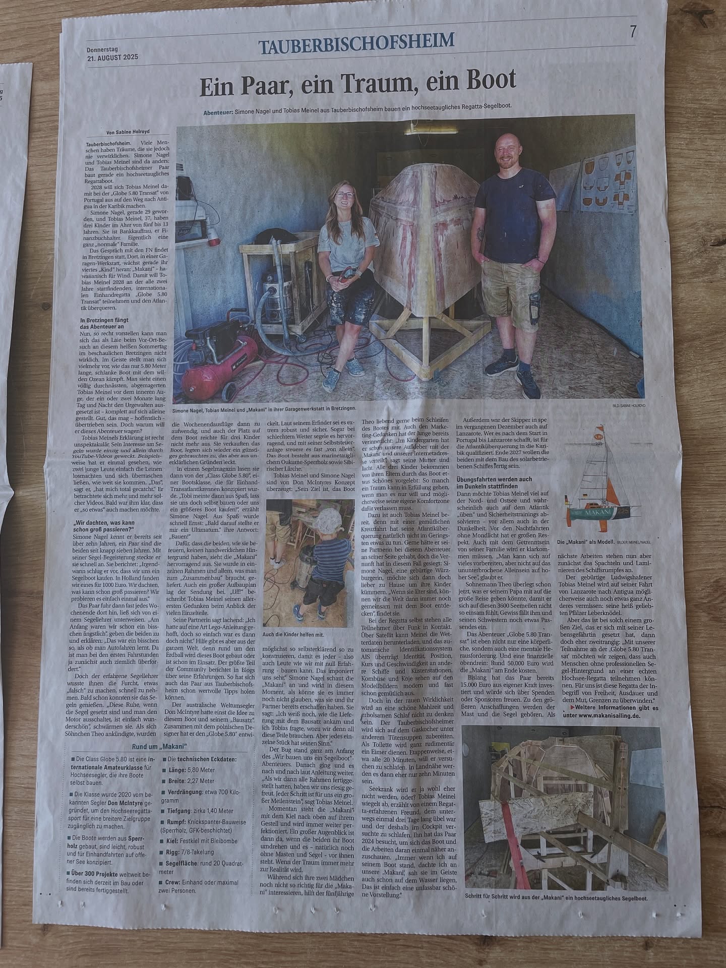 ✨ Wochenupdate bei Makani Sailing ✨

Diese Woche ist wieder einiges passiert:
📰 Unser Zeitungsartikel in den Fränkischen Nachrichten wurde veröffentlicht – ein toller Meilenstein für unser Projekt!
🛠️ Wir haben den Rumpf komplett laminiert – ein riesiger Schritt nach vorne.
🔍 Dabei haben sich zwar ein paar Blasen gebildet, aber die bessern wir natürlich noch sorgfältig aus.
🔄 Jetzt laufen die Vorbereitungen, um den Rumpf bald drehen zu können – ein Moment, auf den wir uns schon lange freuen.
📌 Das Spachteln verschieben wir bewusst, bis das Deck montiert ist.

Es geht also mit großen Schritten weiter – Stück für Stück nimmt Makani immer mehr Form an! 🌊⛵
.
.
.
✨ Weekly Update at Makani Sailing ✨

A lot has happened this week:
📰 Our article in the Fränkische Nachrichten newspaper has been published – such a great milestone for our project!
🛠️ We’ve finished laminating the entire hull – a huge step forward.
🔍 We did discover a few small air bubbles afterwards, but of course we’ll carefully fix those.
🔄 Now we’re preparing to turn the hull – a moment we’ve been looking forward to for a long time.
📌 We’ve decided to postpone the fairing until the deck is on.

Step by step, Makani is taking more and more shape! 🌊⛵

#MakaniSailing #Globe580 #ClassGlobe580 #Bootsbau #SegelbootSelbstbau #SelfBuildBoat #SailingProject #Boatbuilding #SailingLife #Sailboat #Segelabenteuer #OffshoreSailing #FutureSailors #DreamBigSailFar #AtlanticDream #Globe580Transat #Segeltraum #OceanAdventure #SailingCouple #BoatbuildingJourney #Segelnmachtglücklich #SailingCommunity #LaminateWork #HullTurningSoon #FromGarageToOcean #SailingGermany #HandmadeBoat #SailingDreams